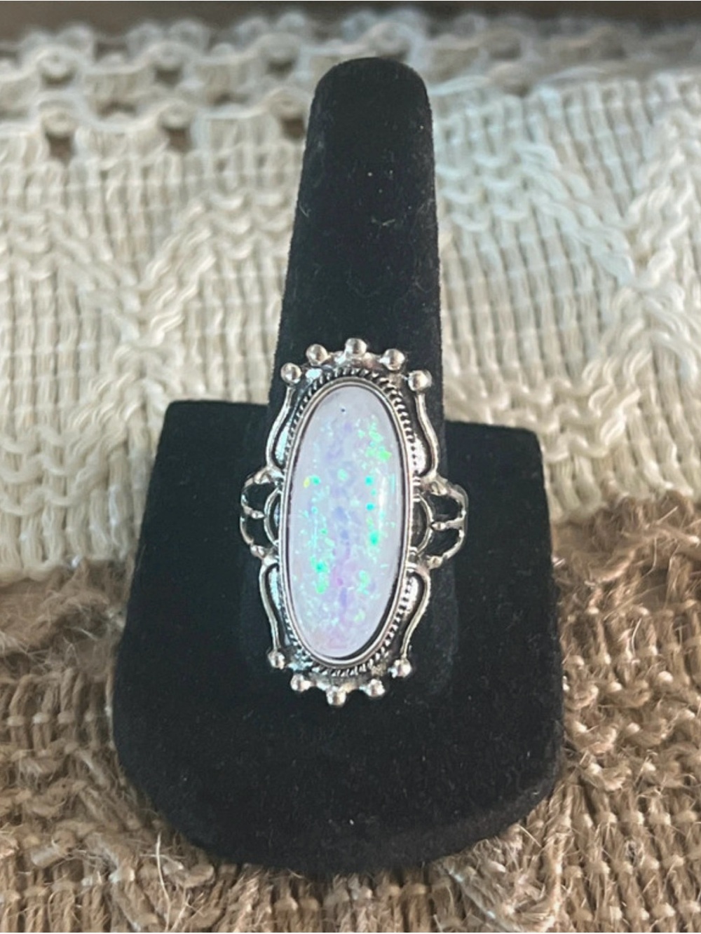 Sterling-Style White Opal Oval Cocktail Ring